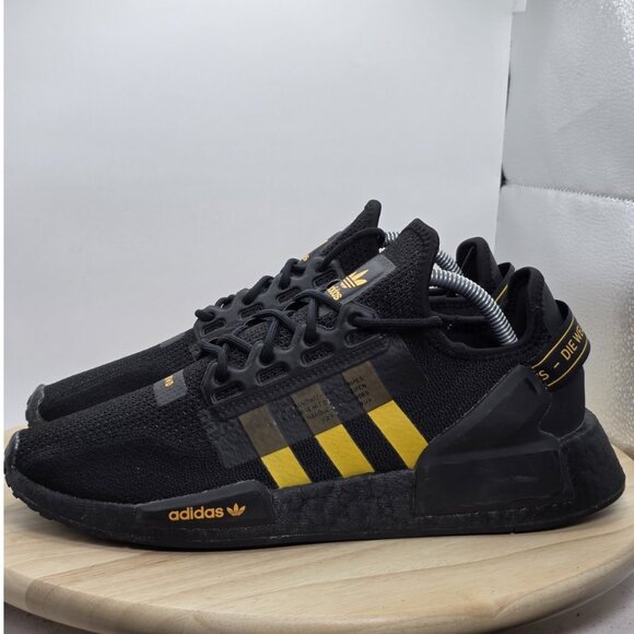 Size 10 - adidas NMD R1 V2 Black Solar Gold Boost Shoes Mens Running Sneakers - Picture 1 of 9
